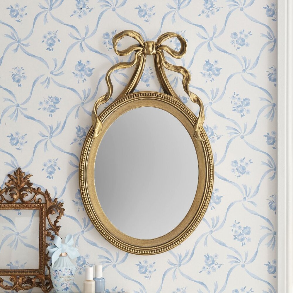 LoveShackFancy No Nails Oval Bow Wall Mirror 21" Bedroom Decor Pottery Barn NEW